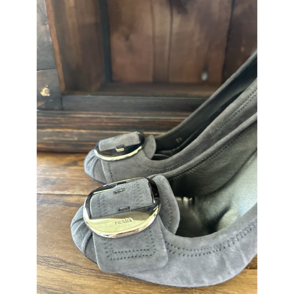 Prada Suede Block Heels Gray Buckle Detail Designer Shoes Size US 7 - Picture 4 of 9